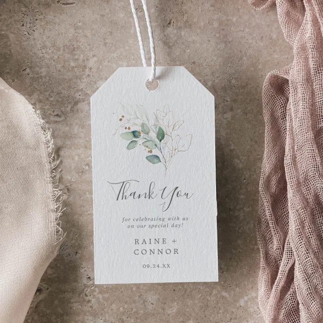 Airy Greenery and Gold Leaf Thank You Favor Gift Tags | Zazzle