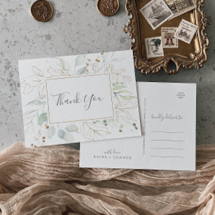 Airy Greenery and Gold Leaf Thank You Postcard