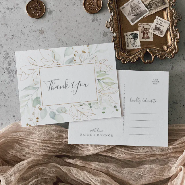 Airy Greenery and Gold Leaf Thank You Postcard | Zazzle
