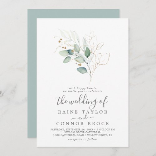 Airy Greenery and Gold Leaf The Wedding Of Invitation
