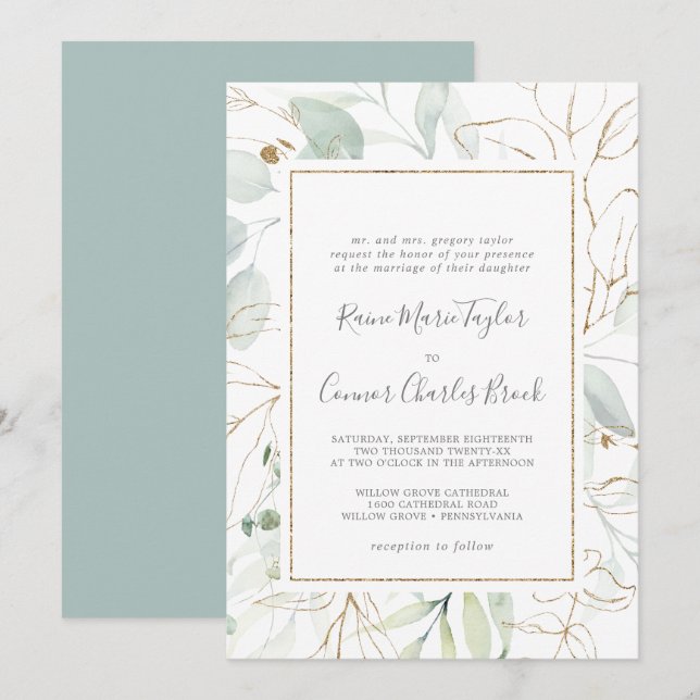 Airy Greenery and Gold Leaf Traditional Wedding Invitation (Front/Back)
