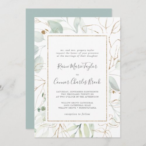 Airy Greenery and Gold Leaf Traditional Wedding Invitation