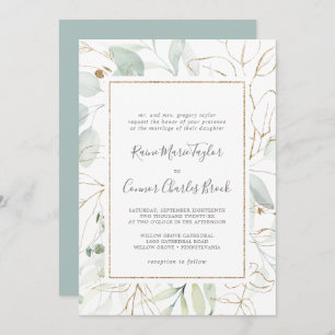 Airy Greenery and Gold Leaf Traditional Wedding Invitation
