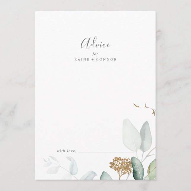 Airy Greenery and Gold Leaf Wedding Advice Card (Front)