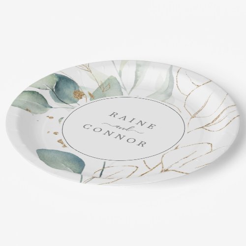 Airy Greenery and Gold Leaf Wedding Cake Paper Plates