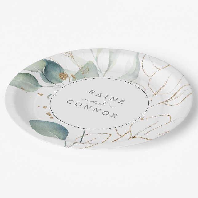 Airy Greenery and Gold Leaf Wedding Cake Paper Plates (Angled)