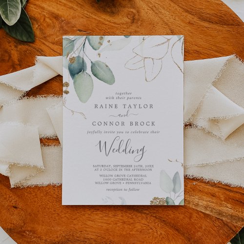 Airy Greenery and Gold Leaf Wedding Invitation