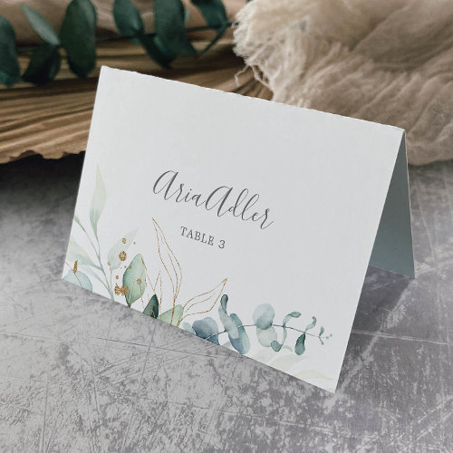 Airy Greenery and Gold Leaf Wedding Place Cards