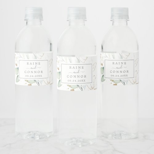 Airy Greenery and Gold Leaf Wedding Water Bottle Label