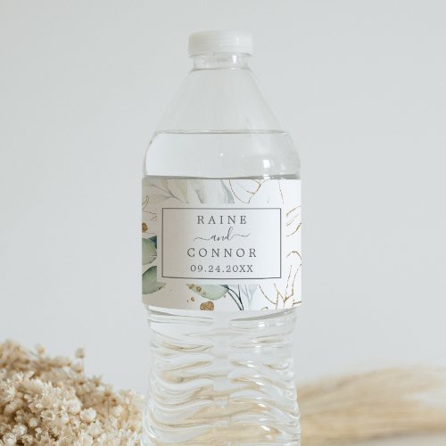 Airy Greenery and Gold Leaf Wedding Water Bottle Label