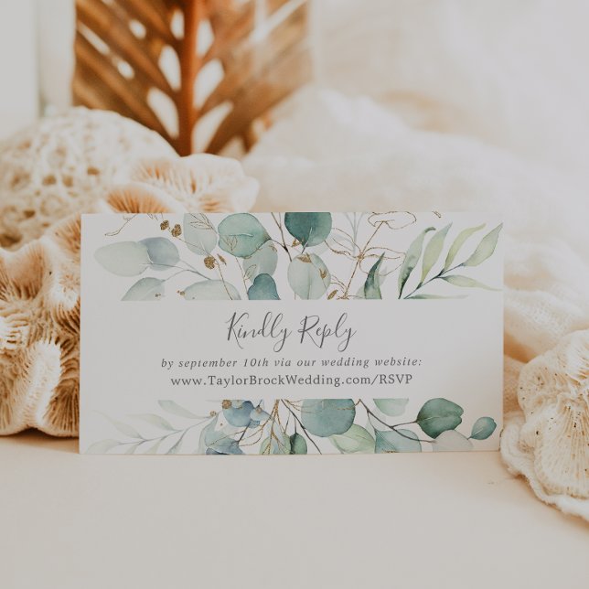Airy Greenery and Gold Leaf Wedding Website RSVP Enclosure Card (Creator Uploaded)
