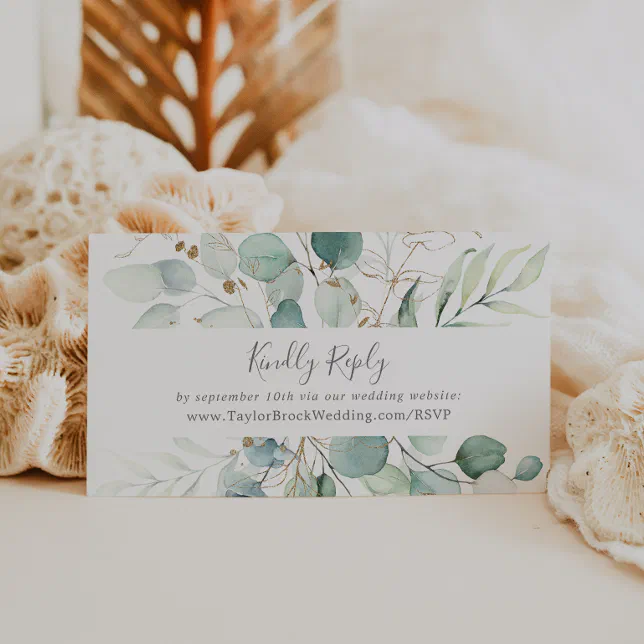 Airy Greenery and Gold Leaf Wedding Website RSVP Enclosure Card | Zazzle
