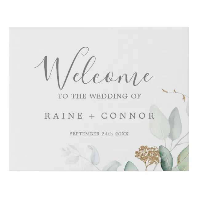 Airy Greenery and Gold Leaf Wedding Welcome Faux Canvas Print | Zazzle