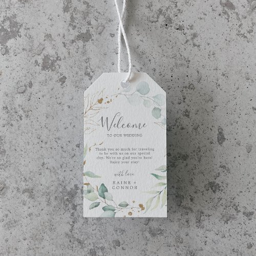 Airy Greenery and Gold Leaf Wedding Welcome Gift Tags