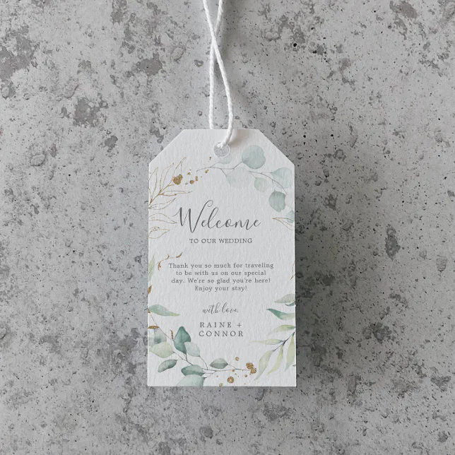 Airy Greenery and Gold Leaf Wedding Welcome Gift Tags | Zazzle