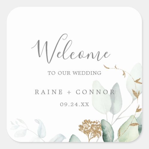 Airy Greenery and Gold Leaf Wedding Welcome Square Sticker