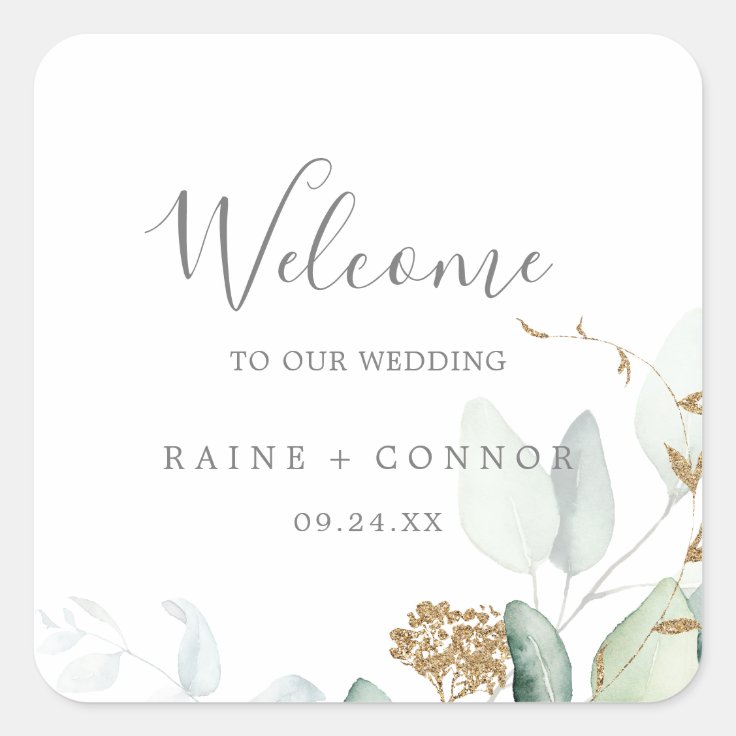 Airy Greenery and Gold Leaf Wedding Welcome Square Sticker | Zazzle