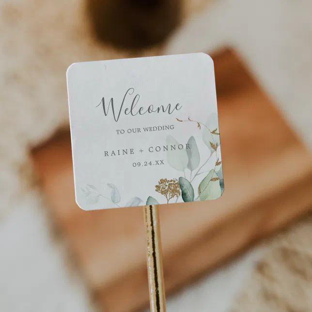 Airy Greenery and Gold Leaf Wedding Welcome Square Sticker | Zazzle