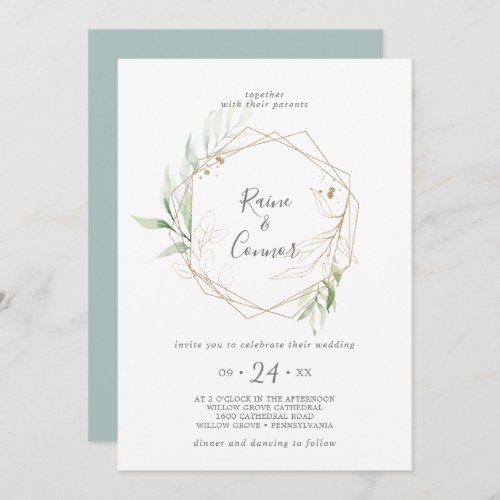 Airy Greenery and Gold Leaf Wreath Wedding Invitation
