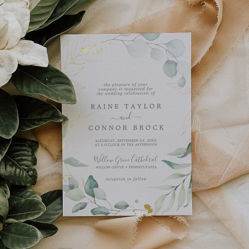 Airy Greenery and Pressed Gold Foil Leaf Wedding Foil Invitation
