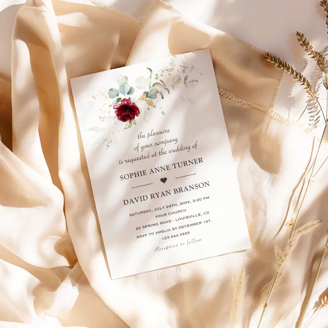 Airy Greenery Burgundy Floral Gold Wedding Invitation | Zazzle