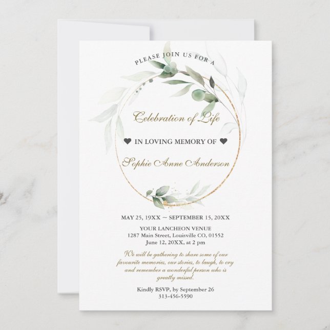 Airy Greenery Celebration of Life Funeral Memorial Invitation (Front)