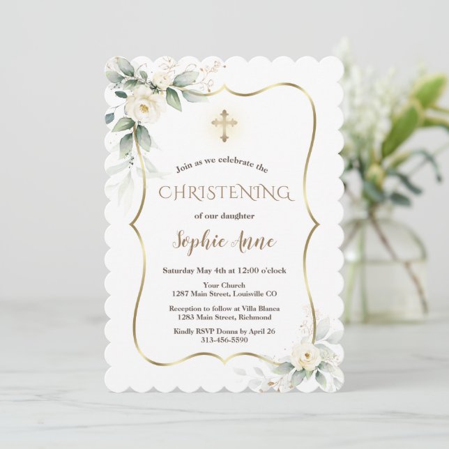 Airy Greenery Gold Frame White Floral Christening  Invitation (Standing Front)