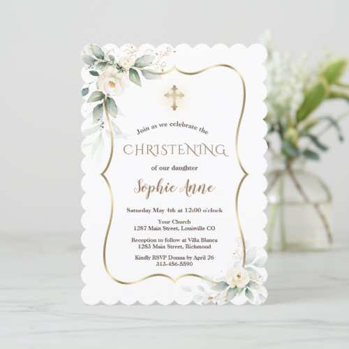 Airy Greenery Gold Frame White Floral Christening  Invitation