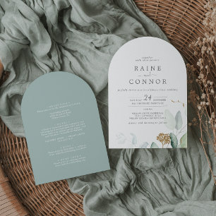 Airy Greenery Gold Leaf All In One Arch Wedding Invitation