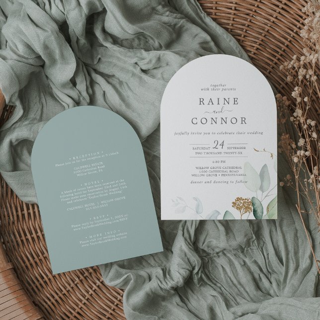 Airy Greenery Gold Leaf All In One Arch Wedding Invitation (Airy Greenery Gold Leaf All In One Arch Wedding Invitation)