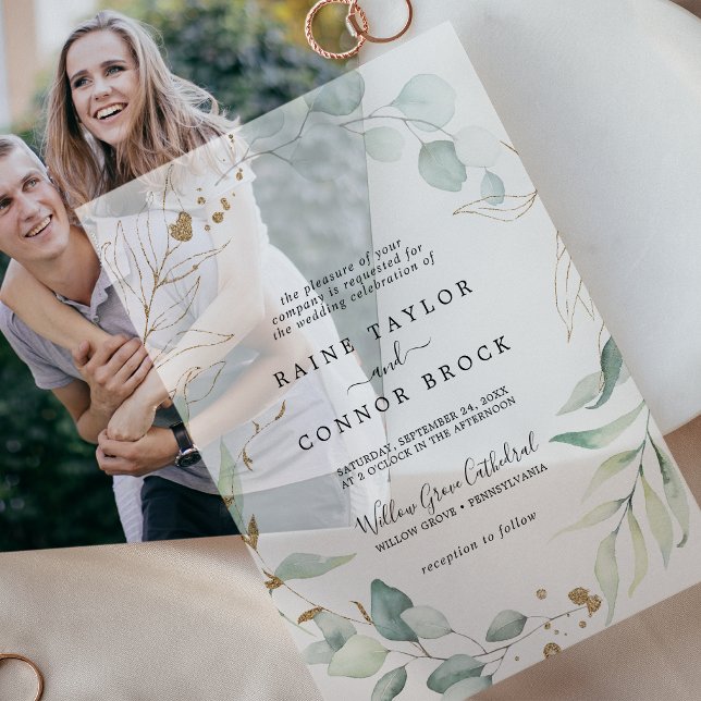 Airy Greenery Gold Leaf Botanical Modern Wedding Vellum Invitations (Airy Greenery Gold Leaf Botanical Modern Wedding Vellum Invitations)