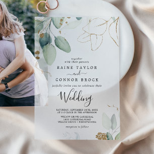Airy Greenery Gold Leaf Elegant Eucalyptus Wedding Vellum Invitations