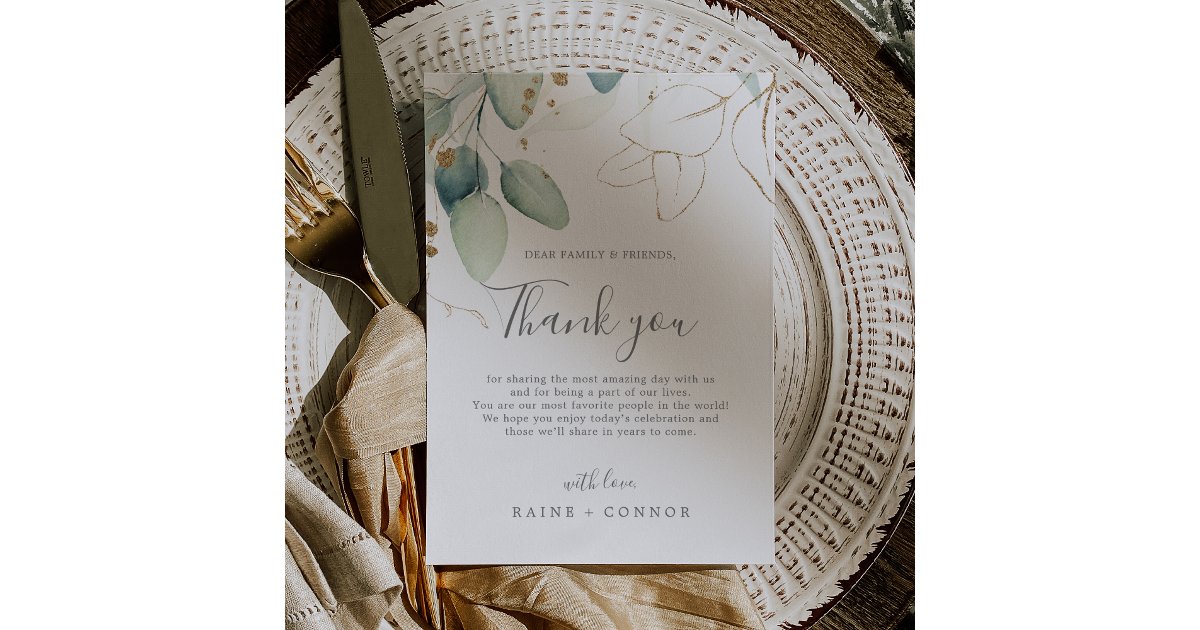 Airy Greenery & Gold Leaf Thank You Reception Card | Zazzle
