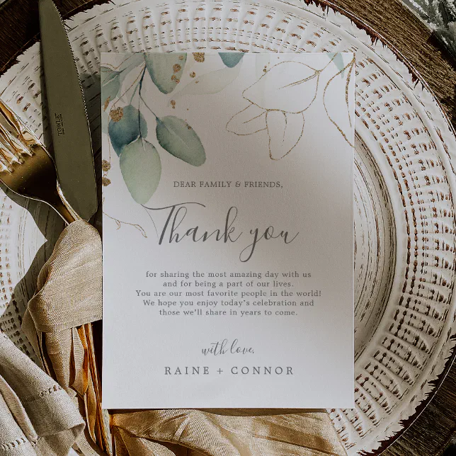 Airy Greenery & Gold Leaf Thank You Reception Card | Zazzle