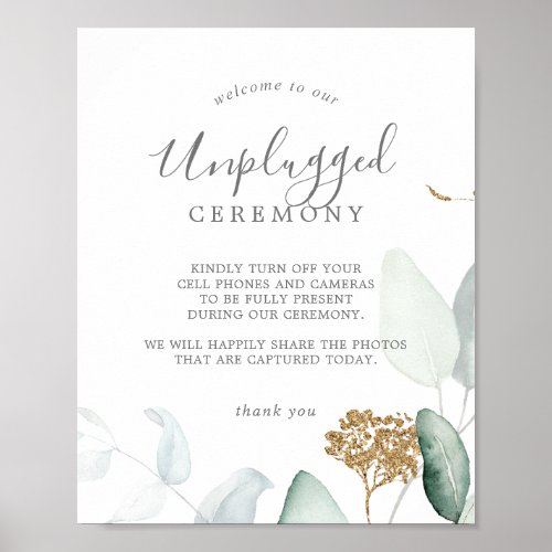 Airy Greenery  Gold Leaf Unplugged Ceremony Sign