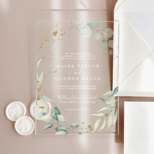 Airy Greenery Gold Leaf White Boho Modern Wedding Acrylic Invitations