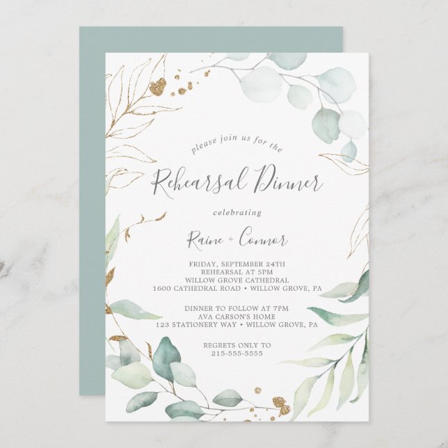 Airy Greenery & Gold Leaf Wreath Rehearsal Dinner Invitation (Front/Back)