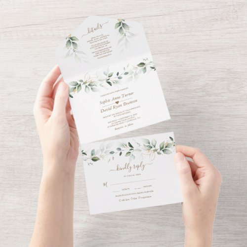Airy Greenery Gold  Monogram All in One Wedding  All In One Invitation