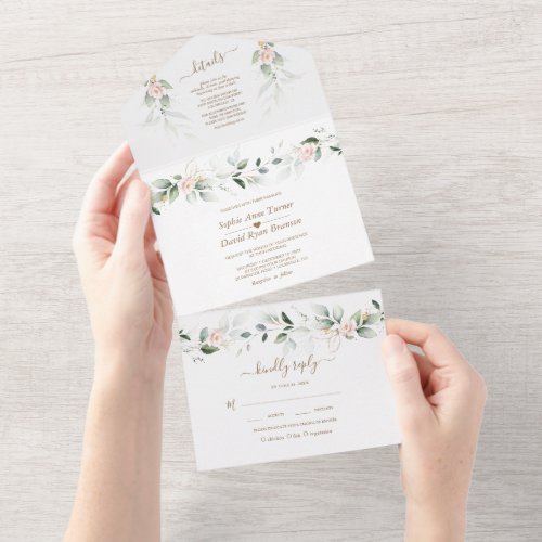 Airy Greenery Gold Pink Blush Flowers Wedding All In One Invitation