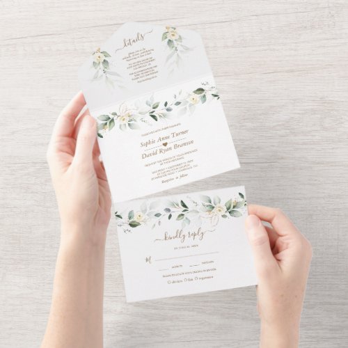 Airy Greenery Gold White Floral Wedding  All In One Invitation