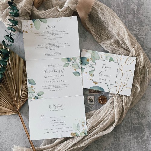 Airy Greenery  Leaf Back Wedding All In One Tri_Fold Invitation