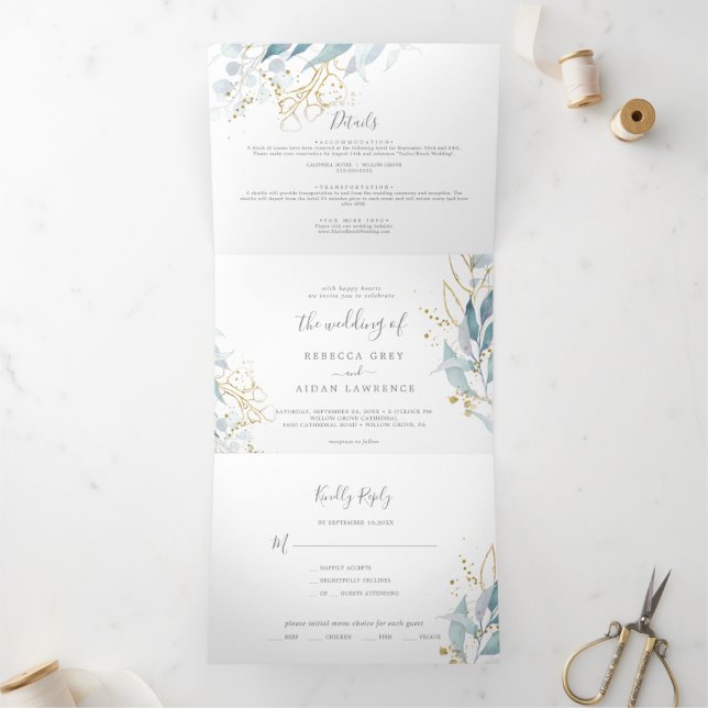 Airy Greenery | Leaf Back Wedding All In One  Tri-Fold Program (Inside)
