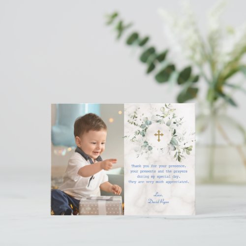 Airy Greenery Marble Photo Boy Gold Baptism   Thank You Card