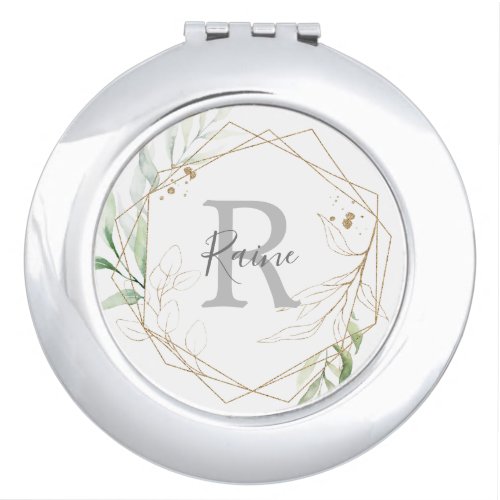 Airy Greenery Name and Initial Bridesmaid Gift Compact Mirror