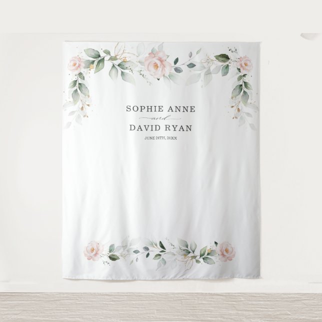 Airy Greenery Pink Floral Gold Wedding Photo Prop  Tapestry (Front)