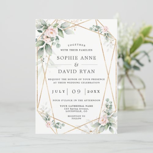Airy Greenery Pink Flowers Gold All In One Wedding Invitation