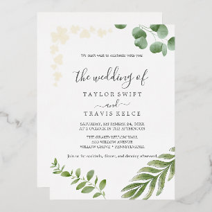 Airy Greenery   Pressed Gold Foil Leaf Wedding Invitation