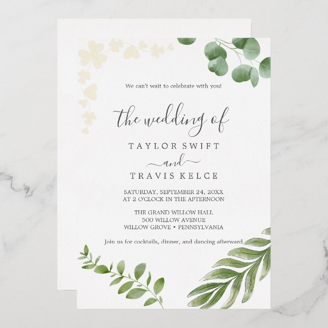 Airy Greenery | Pressed Gold Foil Leaf Wedding Invitation (Front/Back)