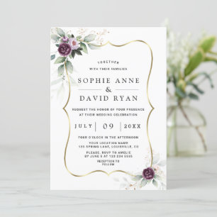 Airy Greenery Purple Pink Flowers Gold Wedding Invitation