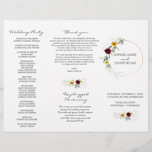 Airy Greenery Sunflowers Burgundy Fall Wedding Flyer